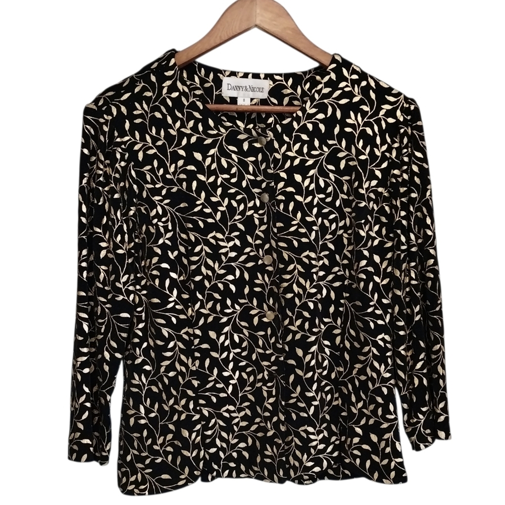 Vtg Danny & Nicole Womens Size 8 Black Gold leaves 3/4 sleeve Classic Button Top